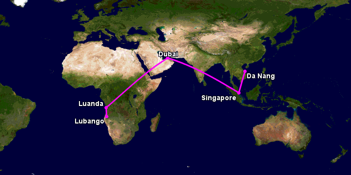 Bay từ Đà Nẵng đến Lubango qua Singapore, Dubai, Luanda