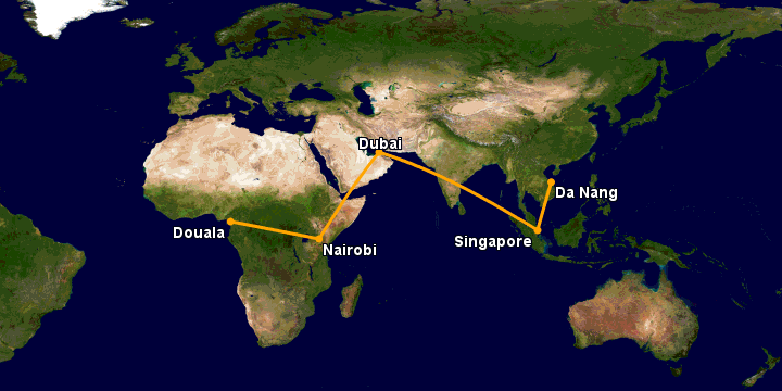 Bay từ Đà Nẵng đến Douala qua Singapore, Dubai, Nairobi