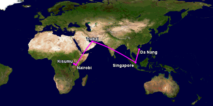 Bay từ Đà Nẵng đến Kisumu qua Singapore, Dubai, Nairobi