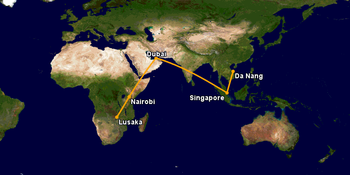 Bay từ Đà Nẵng đến Lusaka qua Singapore, Dubai, Nairobi