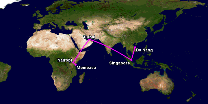 Bay từ Đà Nẵng đến Mombasa qua Singapore, Dubai, Nairobi