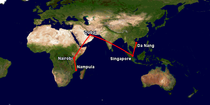 Bay từ Đà Nẵng đến Nampula qua Singapore, Dubai, Nairobi