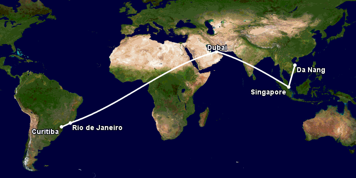 Bay từ Đà Nẵng đến Curitiba qua Singapore, Dubai, Rio de Janeiro