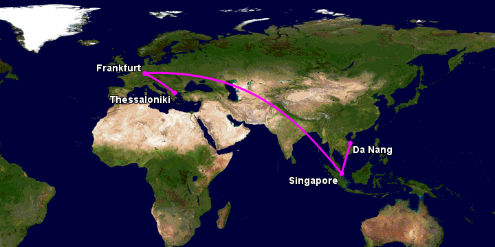 Bay từ Đà Nẵng đến Thessaloniki qua Singapore, Frankfurt