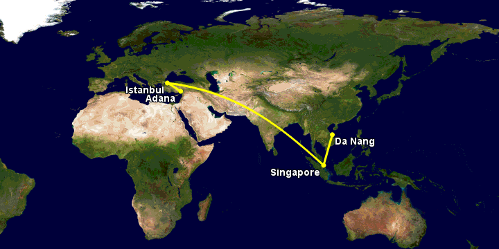 Bay từ Đà Nẵng đến Adana qua Singapore, Istanbul