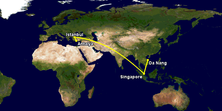 Bay từ Đà Nẵng đến Antalya qua Singapore, Istanbul