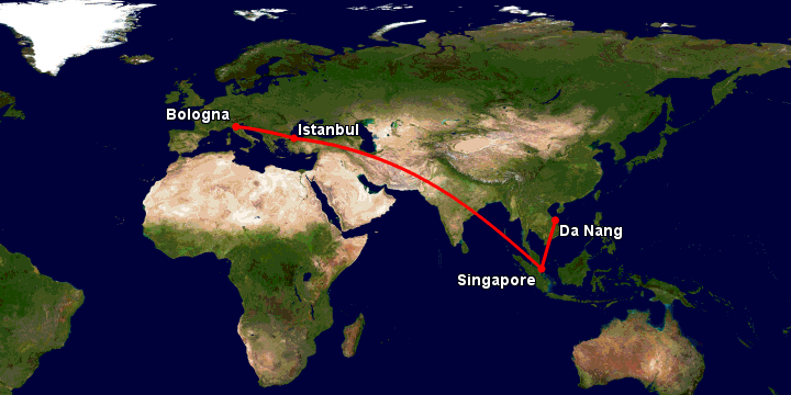 Bay từ Đà Nẵng đến Bologna qua Singapore, Istanbul