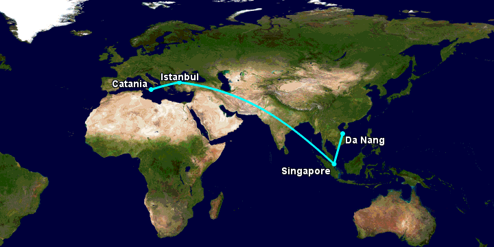 Bay từ Đà Nẵng đến Catania qua Singapore, Istanbul