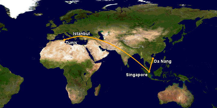 Bay từ Đà Nẵng đến Tunis qua Singapore, Istanbul