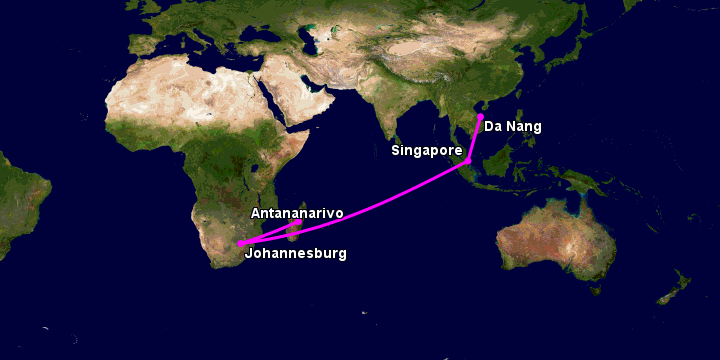 Bay từ Đà Nẵng đến Antananarivo qua Singapore, Johannesburg
