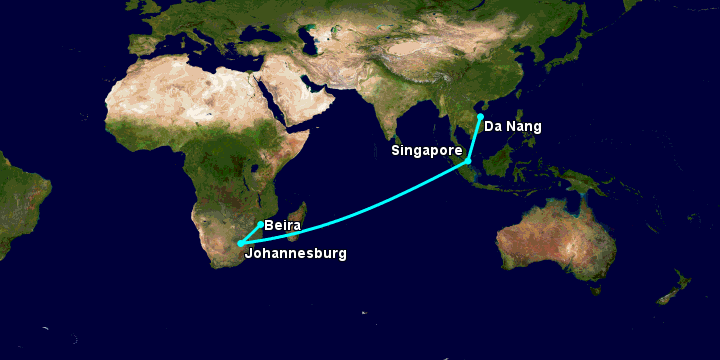Bay từ Đà Nẵng đến Beira qua Singapore, Johannesburg