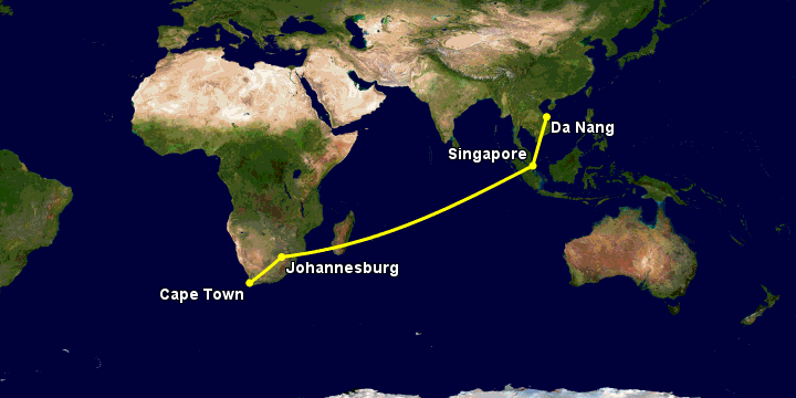 Bay từ Đà Nẵng đến Cape Town qua Singapore, Johannesburg