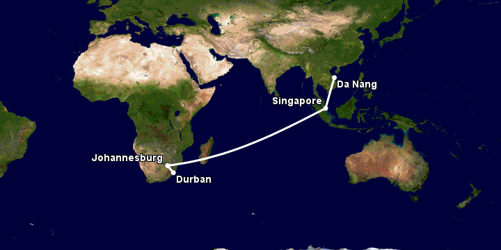 Bay từ Đà Nẵng đến Durban qua Singapore, Johannesburg