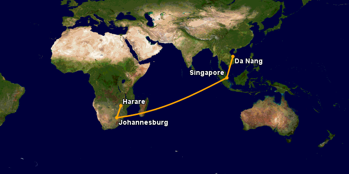 Bay từ Đà Nẵng đến Harare qua Singapore, Johannesburg