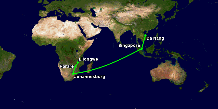 Bay từ Đà Nẵng đến Lilongwe qua Singapore, Johannesburg, Harare