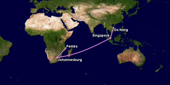 Bay từ Đà Nẵng đến Pemba qua Singapore, Johannesburg