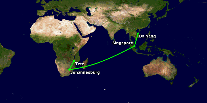 Bay từ Đà Nẵng đến Tete qua Singapore, Johannesburg