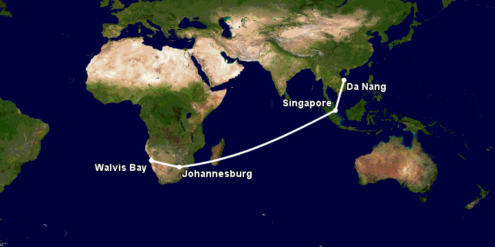 Bay từ Đà Nẵng đến Walvis Bay qua Singapore, Johannesburg