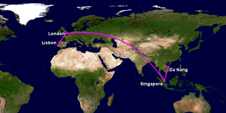 Bay từ Đà Nẵng đến Lisbon qua Singapore, London