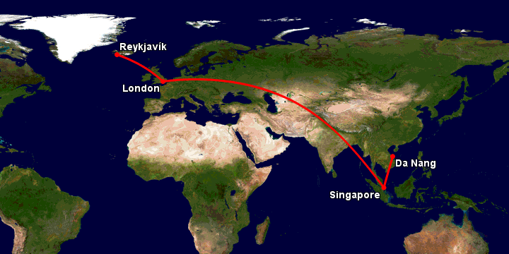 Bay từ Đà Nẵng đến Reykjavik qua Singapore, London