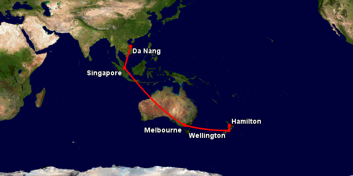 Bay từ Đà Nẵng đến Hamilton Nz qua Singapore, Melbourne, Wellington