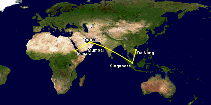 Bay từ Đà Nẵng đến Asmara qua Singapore, Mumbai, Dubai
