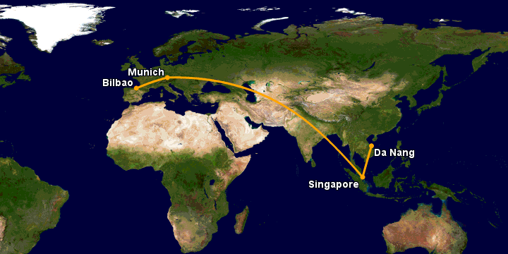Bay từ Đà Nẵng đến Bilbao qua Singapore, Munich