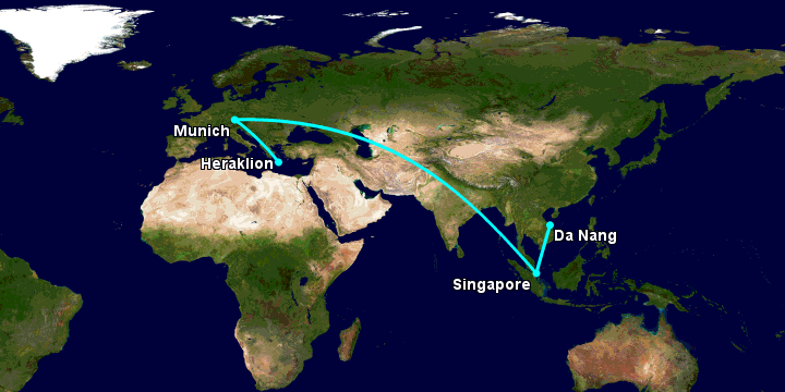 Bay từ Đà Nẵng đến Heraklion qua Singapore, Munich