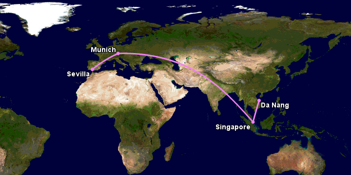 Bay từ Đà Nẵng đến Seville qua Singapore, Munich