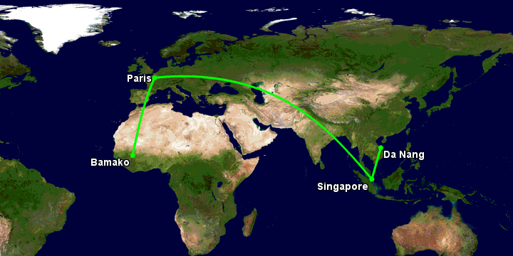 Bay từ Đà Nẵng đến Bamako qua Singapore, Paris