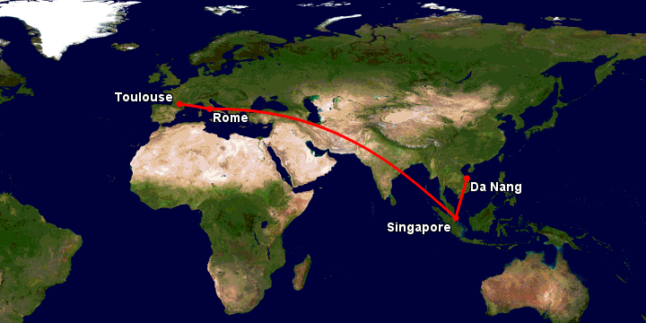 Bay từ Đà Nẵng đến Toulouse qua Singapore, Rome