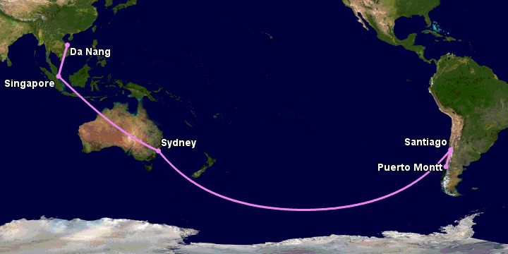 Bay từ Đà Nẵng đến Puerto Montt qua Singapore, Sydney, Santiago