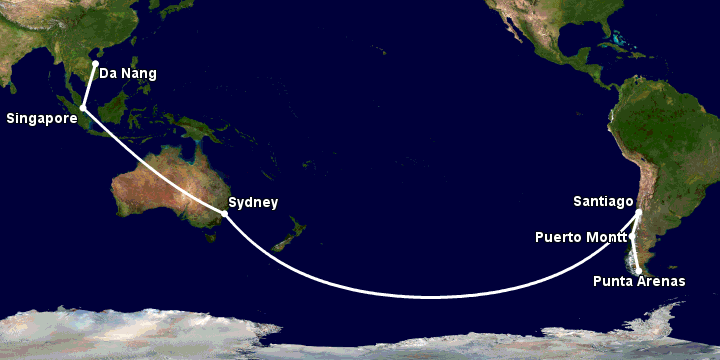 Bay từ Đà Nẵng đến Punta Arenas qua Singapore, Sydney, Santiago, Puerto Montt