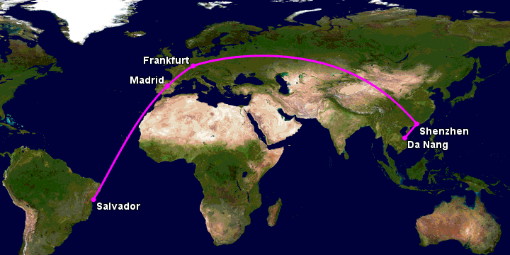 Bay từ Đà Nẵng đến Salvador qua Thâm Quyến, Frankfurt, Madrid