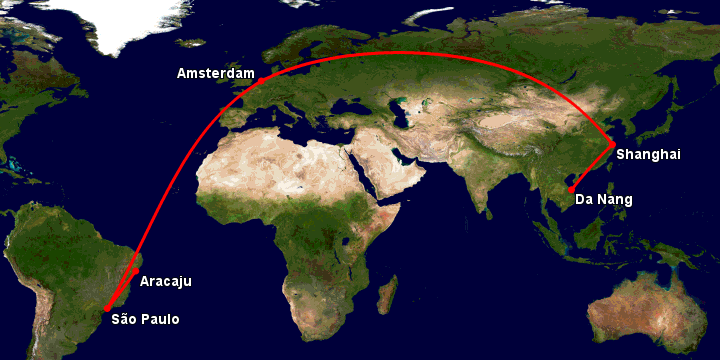 Bay từ Đà Nẵng đến Aracaju qua Thượng Hải, Amsterdam, Sao Paulo