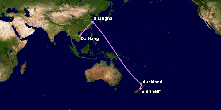 Bay từ Đà Nẵng đến Blenheim qua Thượng Hải, Auckland