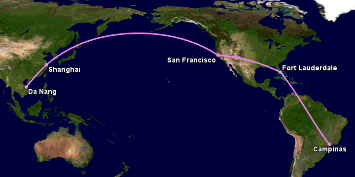 Bay từ Đà Nẵng đến Campinas qua Thượng Hải, San Francisco, Fort Lauderdale