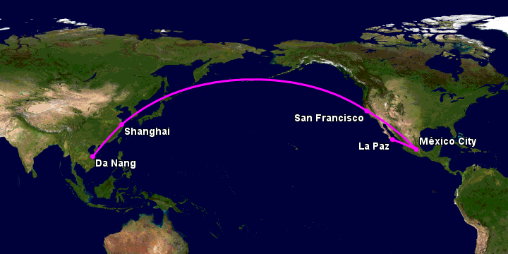 Bay từ Đà Nẵng đến La Paz qua Thượng Hải, San Francisco, Mexico City