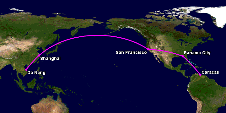Bay từ Đà Nẵng đến Caracas qua Thượng Hải, San Francisco, Panama City