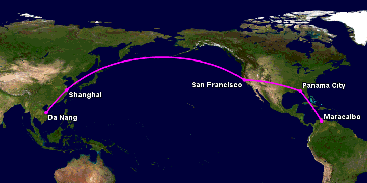 Bay từ Đà Nẵng đến Maracaibo qua Thượng Hải, San Francisco, Panama City