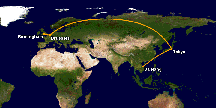 Bay từ Đà Nẵng đến Birmingham qua Tokyo, Brussels