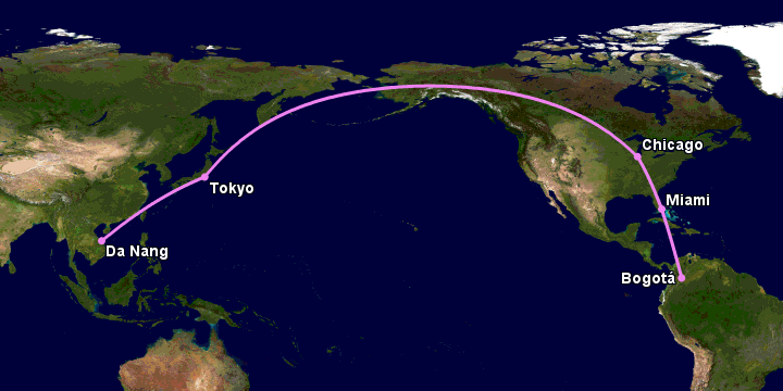 Bay từ Đà Nẵng đến Bogota qua Tokyo, Chicago, Miami