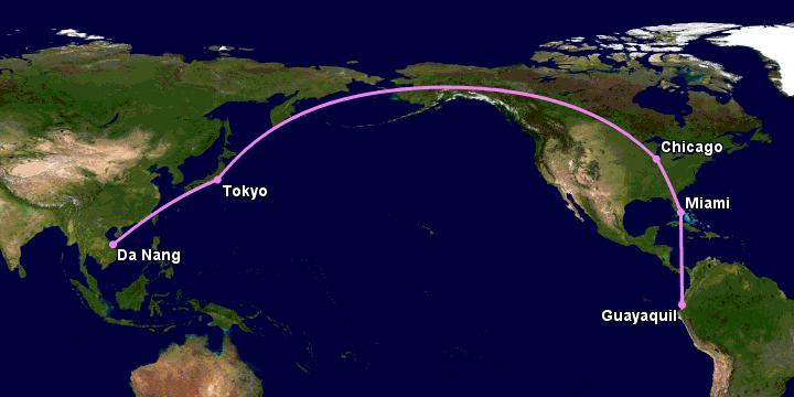 Bay từ Đà Nẵng đến Guayaquil qua Tokyo, Chicago, Miami