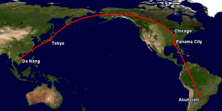 Bay từ Đà Nẵng đến Asuncion qua Tokyo, Chicago, Panama City