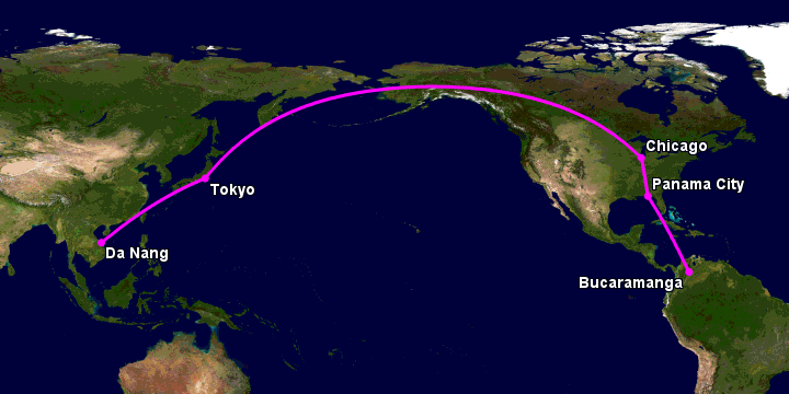 Bay từ Đà Nẵng đến Bucaramanga qua Tokyo, Chicago, Panama City