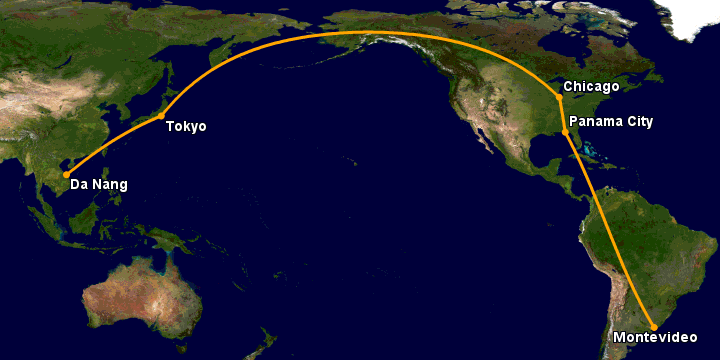 Bay từ Đà Nẵng đến Montevideo qua Tokyo, Chicago, Panama City