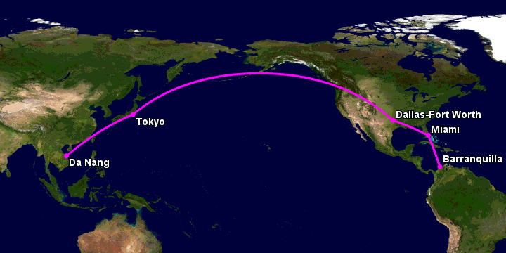 Bay từ Đà Nẵng đến Barranquilla qua Tokyo, Dallas, Miami