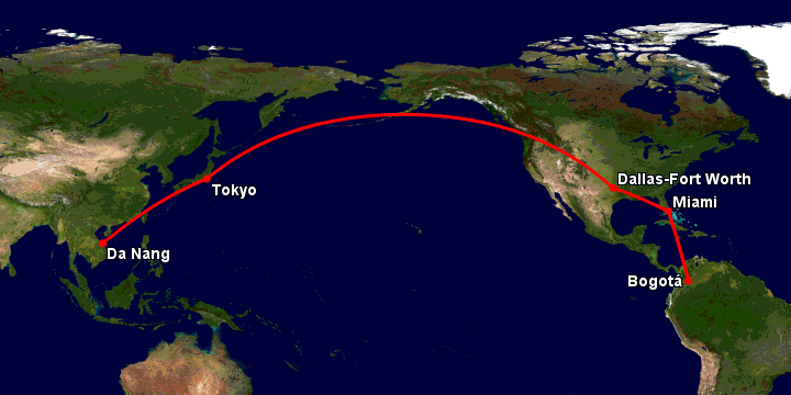 Bay từ Đà Nẵng đến Bogota qua Tokyo, Dallas, Miami