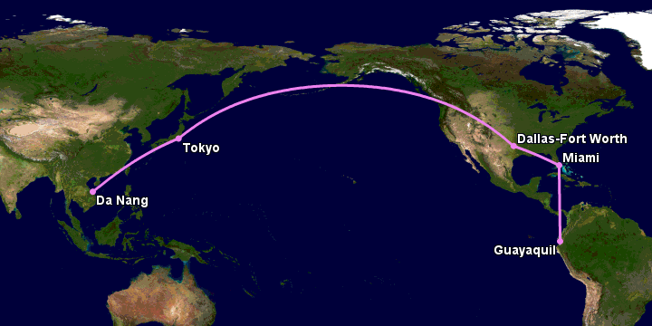 Bay từ Đà Nẵng đến Guayaquil qua Tokyo, Dallas, Miami