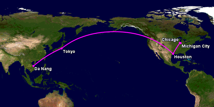 Bay từ Đà Nẵng đến Michigan City qua Tokyo, Houston, Chicago